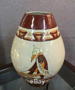 Vase en céramique émaillé style art deco a décor d'oiseaux (signé et numeroté)