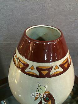 Vase en céramique émaillé style art deco a décor d'oiseaux (signé et numeroté)