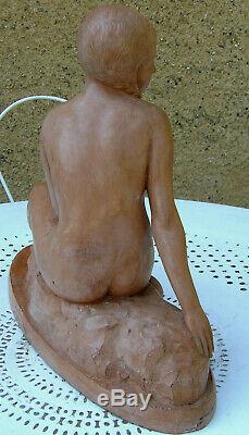 Zoltan Kovats 1883-1952 Grande Sculpture Art-déco Jeune Femme Nue Au Rocher